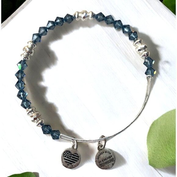 Alex & Ani Silver Plated Charm Bangle W/ Blue Acrylic & Silver Metal Beads - Picture 1 of 2